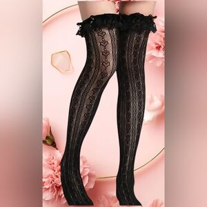 Sexy Lolita Style Black Lace Over Knee Thigh Highs Ruffled Cuff
